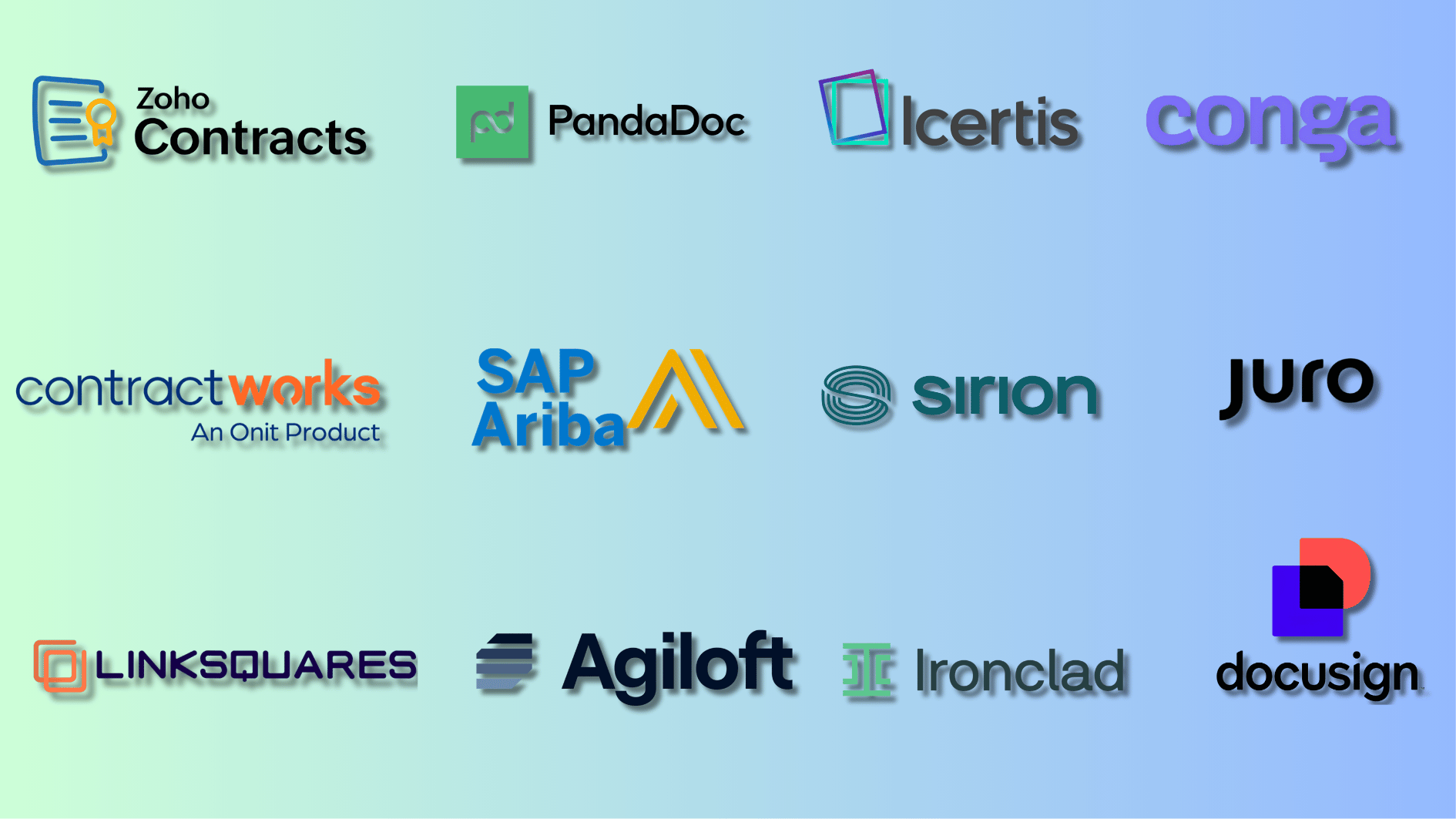 logos of popular contract management software platforms including zoho contracts pandadoc icertis conga docusign and more