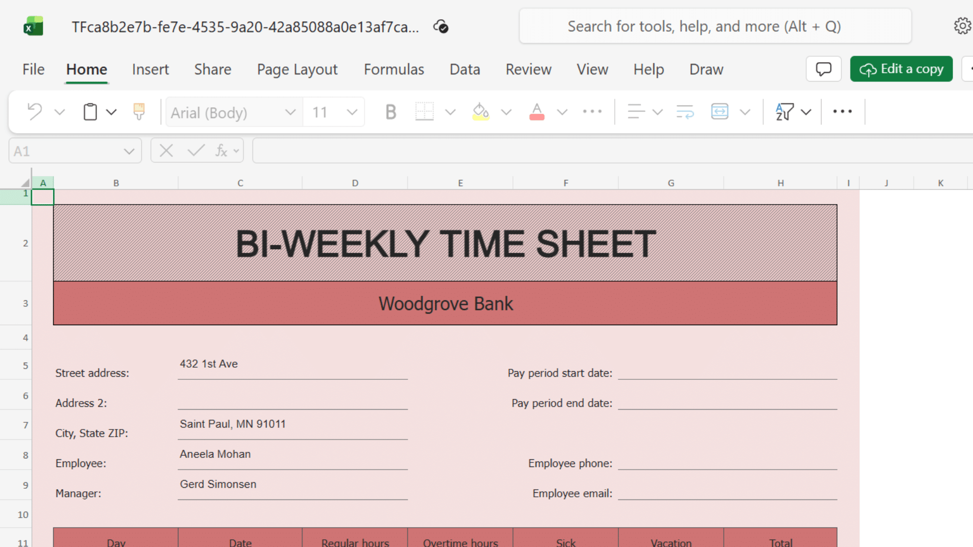 Biweekly timesheet template Excel with employee details, company address, break tracking, and signed approval sheet.
