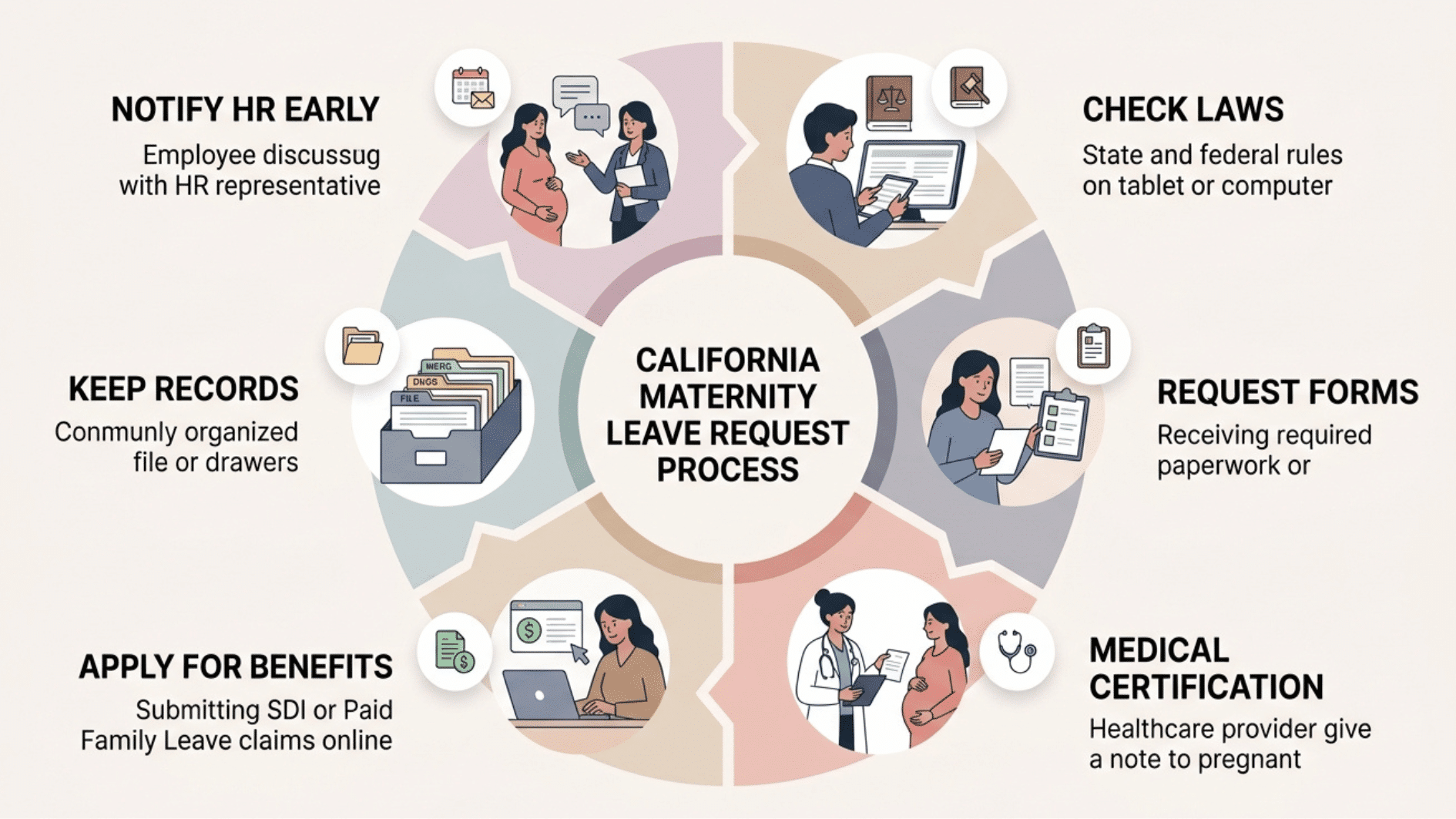 infographic showing steps to prepare for california maternity leave including hr forms benefits and records