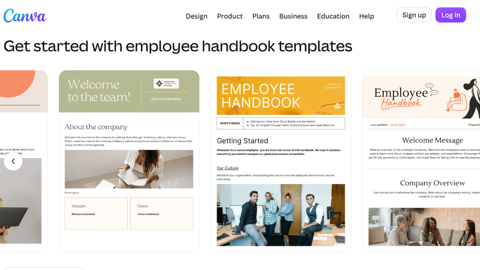 Canva webpage showing employee handbook templates selection page with multiple editable document preview cards and “Get started” header.