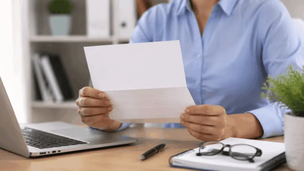Midsection of a female professional reading a business letter at a desk with a laptop and notebook.