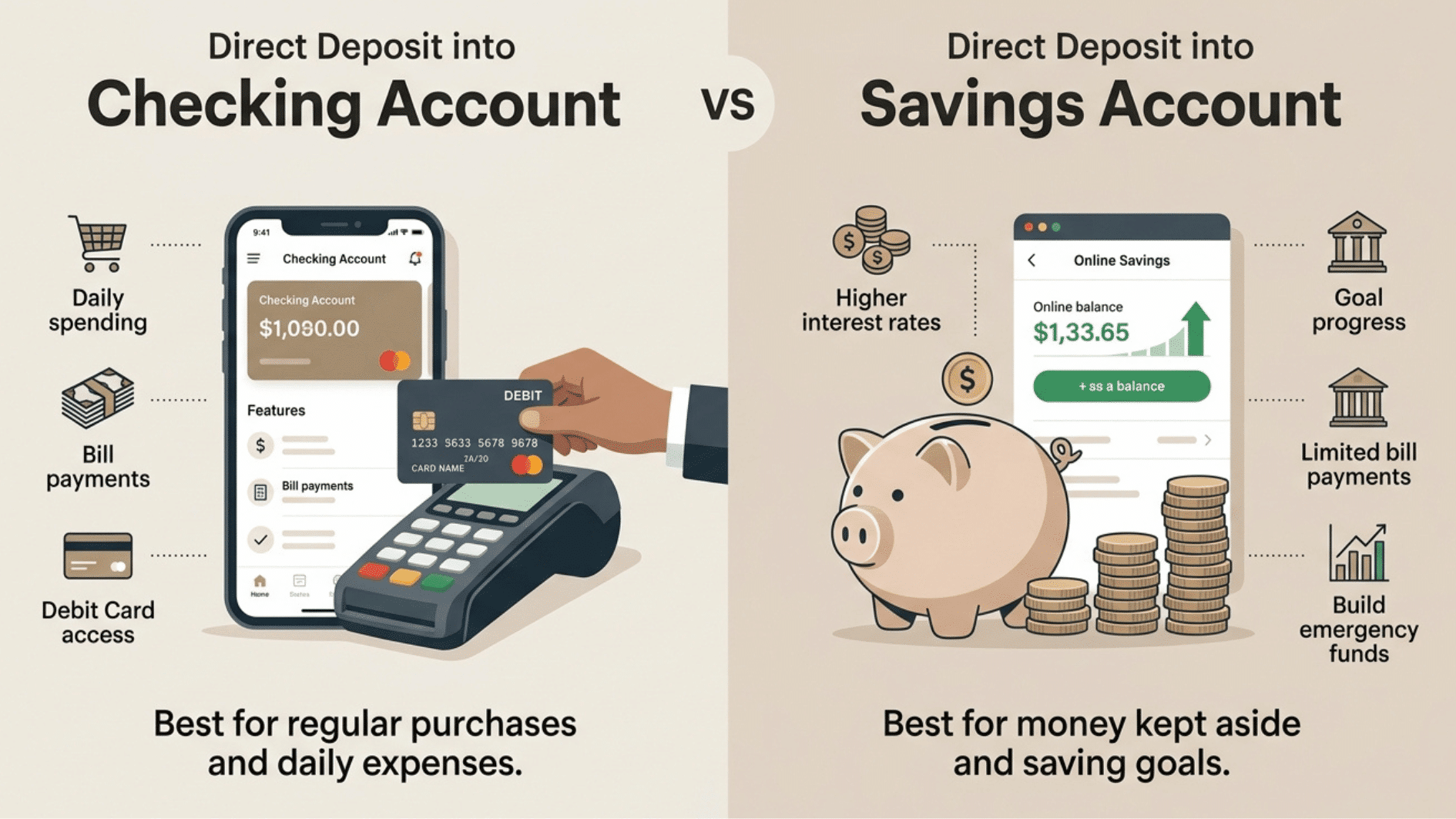 a splitscreen inforgraphic showing difference between checking account and savings account