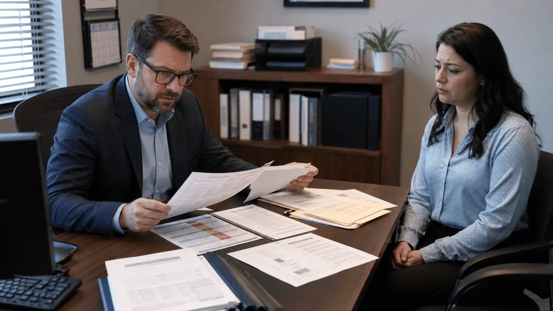 manager reviewing employee records and policy reports showing reasons you may not qualify for unemployment benefits