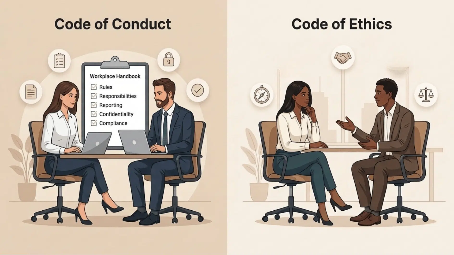 a modern corporate infographic style with realistic diverse employees