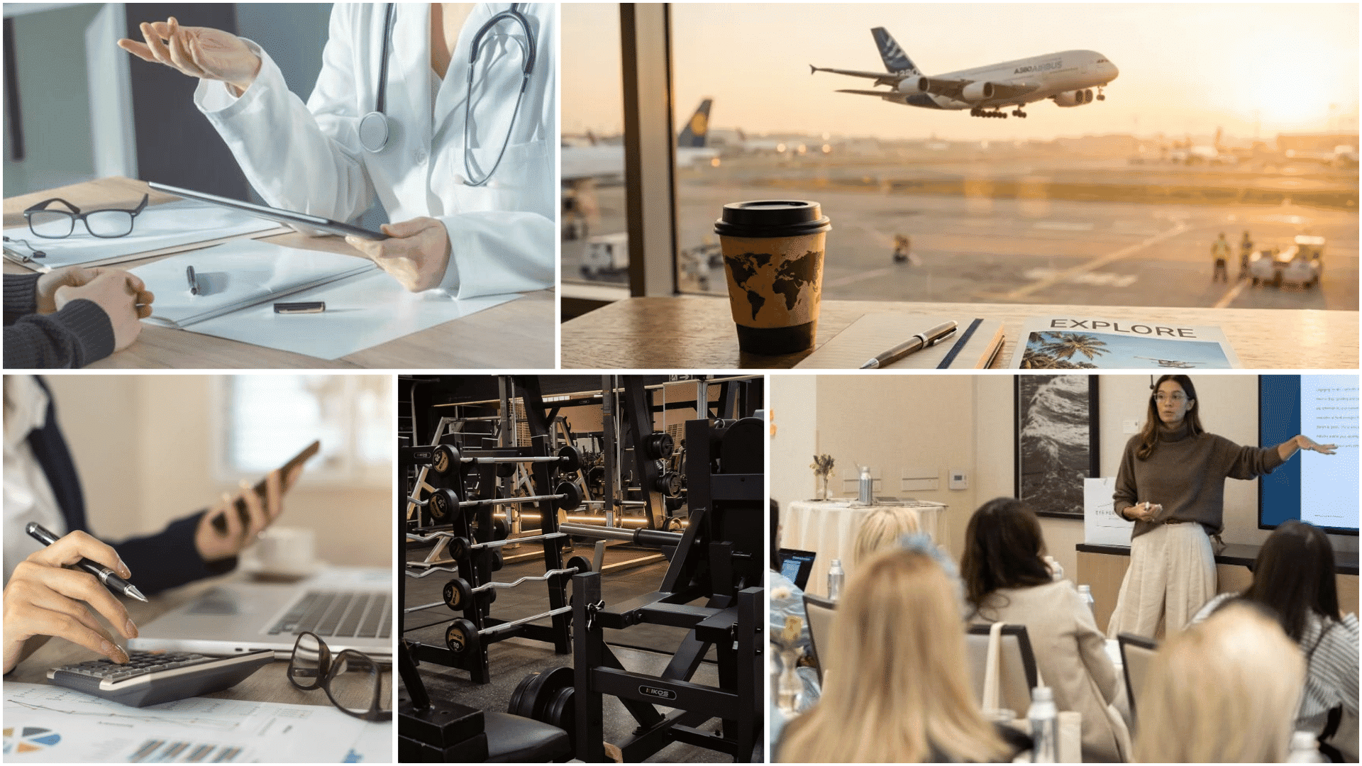 Collage showing workplace fringe benefits: healthcare visit travel perks finance desk gym access and training session