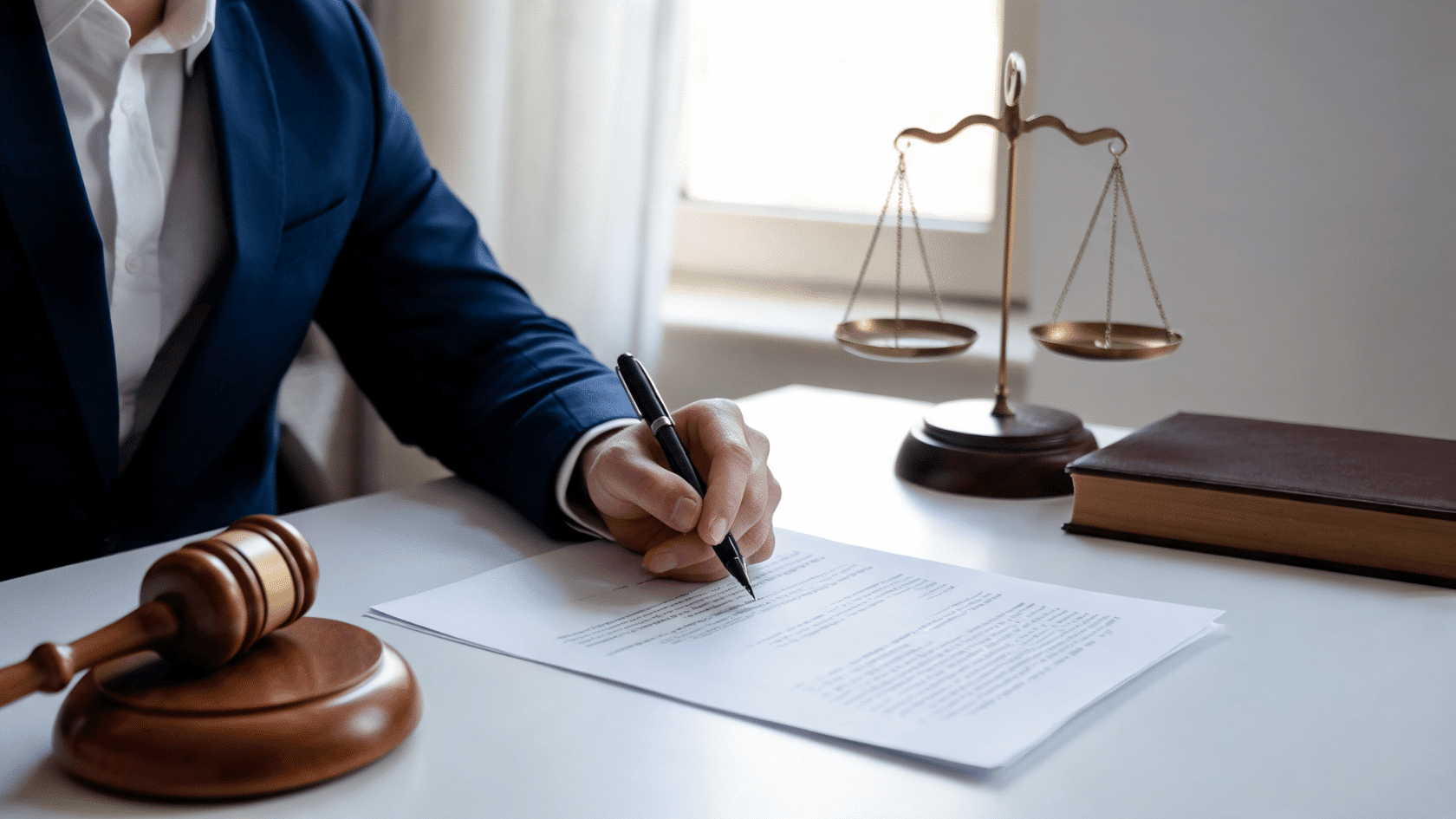 Lawyer signing a legal document at a desk with a gavel, law book, and scales of justice in the background.