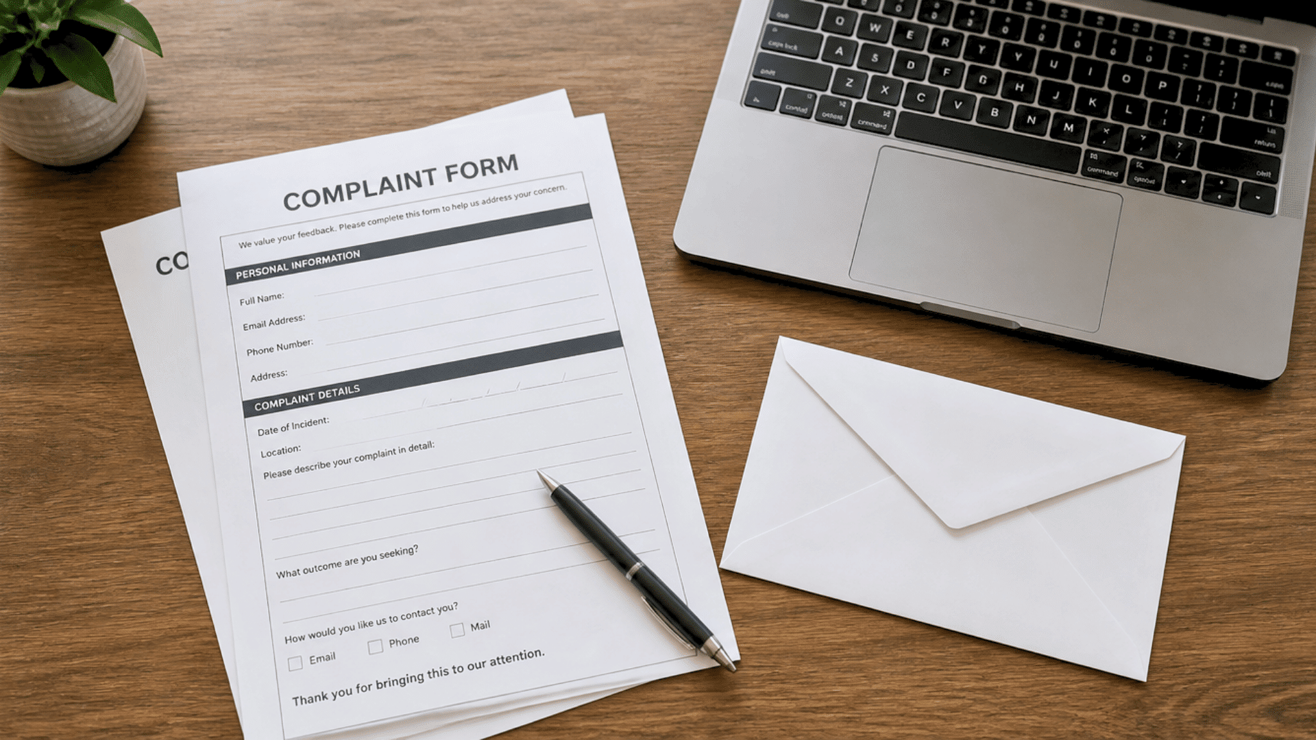Complaint form with pen, envelope, and laptop arranged on a wooden desk.