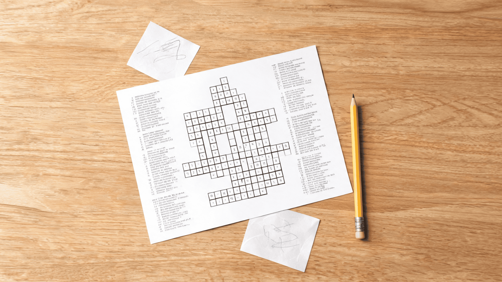 Crossword puzzle sheet on desk with pencil and handwritten notes nearby