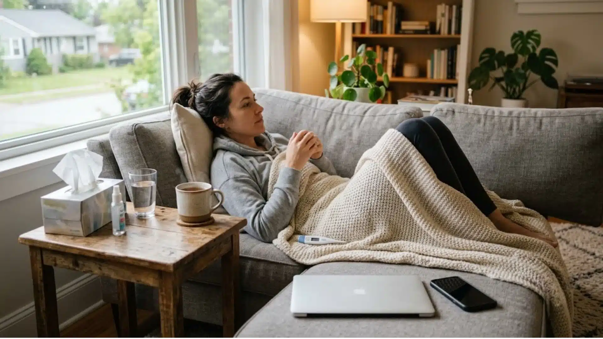 sick employee resting at home with thermometer and hygiene items to prevent workplace illness spread