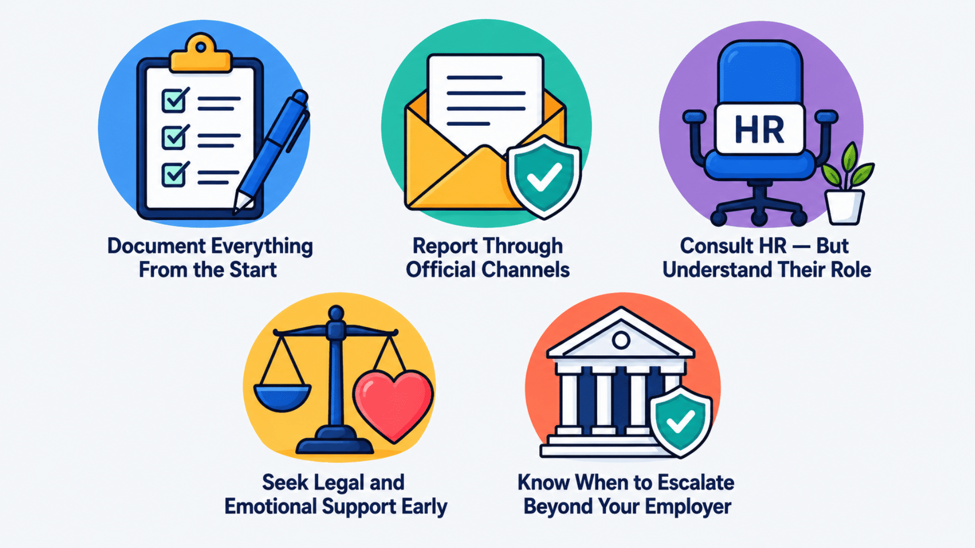flat infographic showing five steps to address workplace harassment with icons and labels