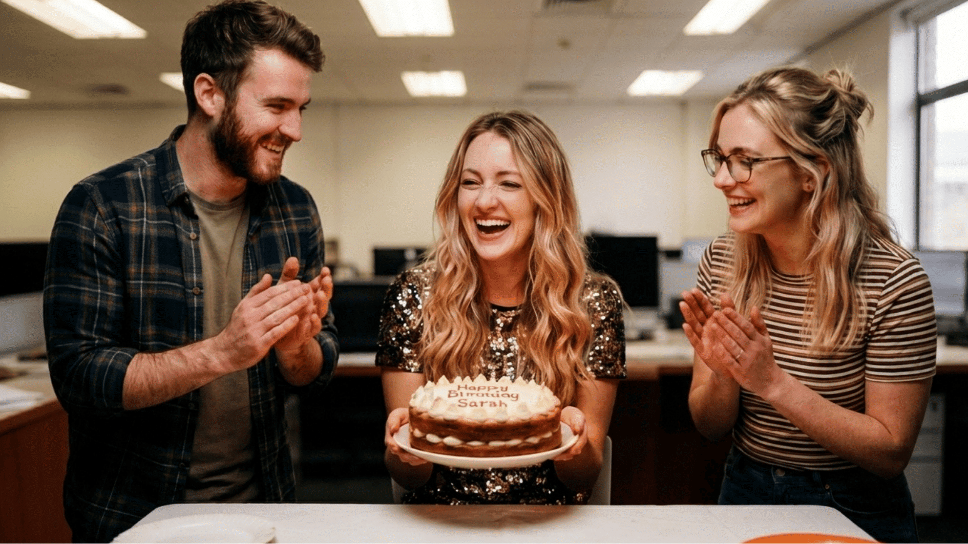 coworkers celebrating a birthday at the office with cake, smiles, and a workplace celebration moment