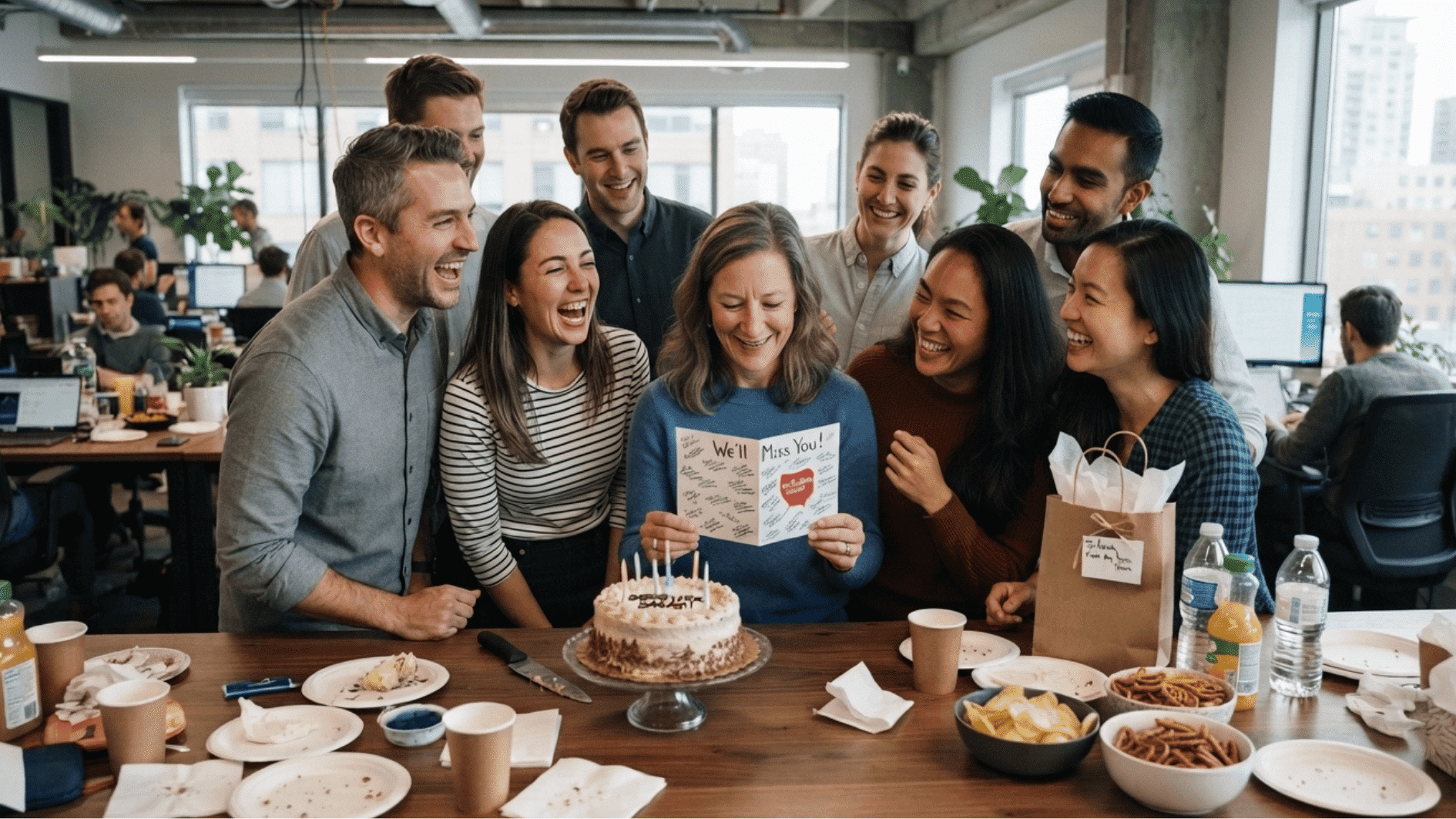 retired employee leaaving with card and people around