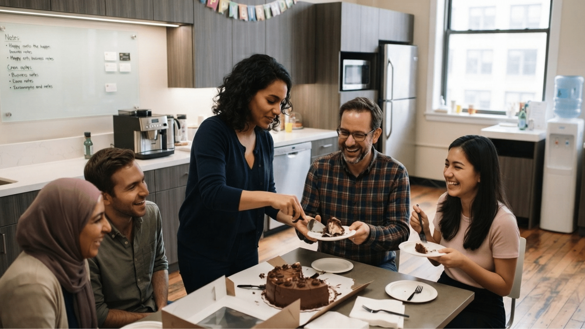 coworkers sitting together in pantry sharing cake