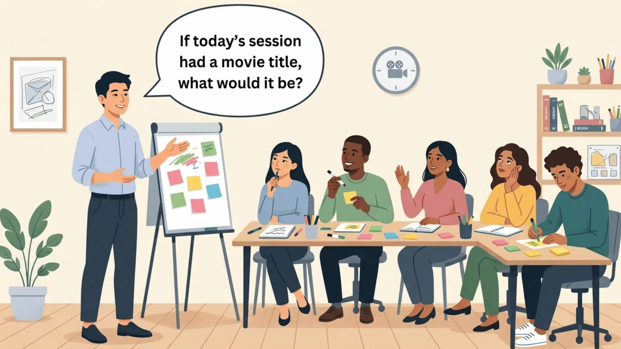 workshop facilitator asks participants to give the session a movie title during a creative team activity