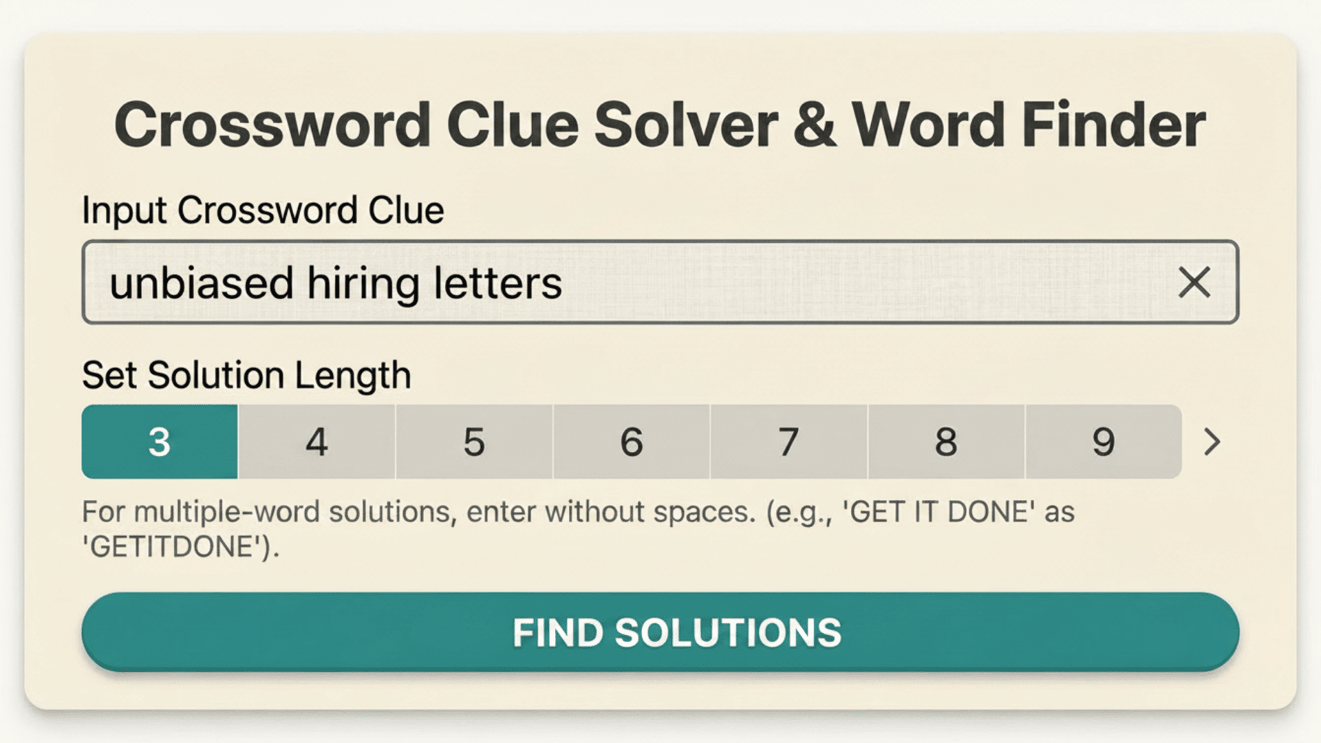 Crossword clue solver interface with input field showing “unbiased hiring letters”, solution length options 3–9, and a “Find Solutions” button