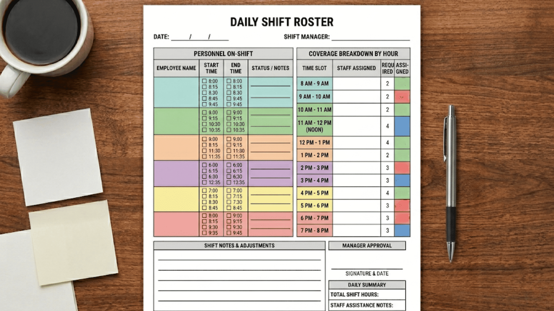 Daily shift roster template showing employee names, time slots, coverage breakdown by hour, notes, and manager approval fields on a desk.