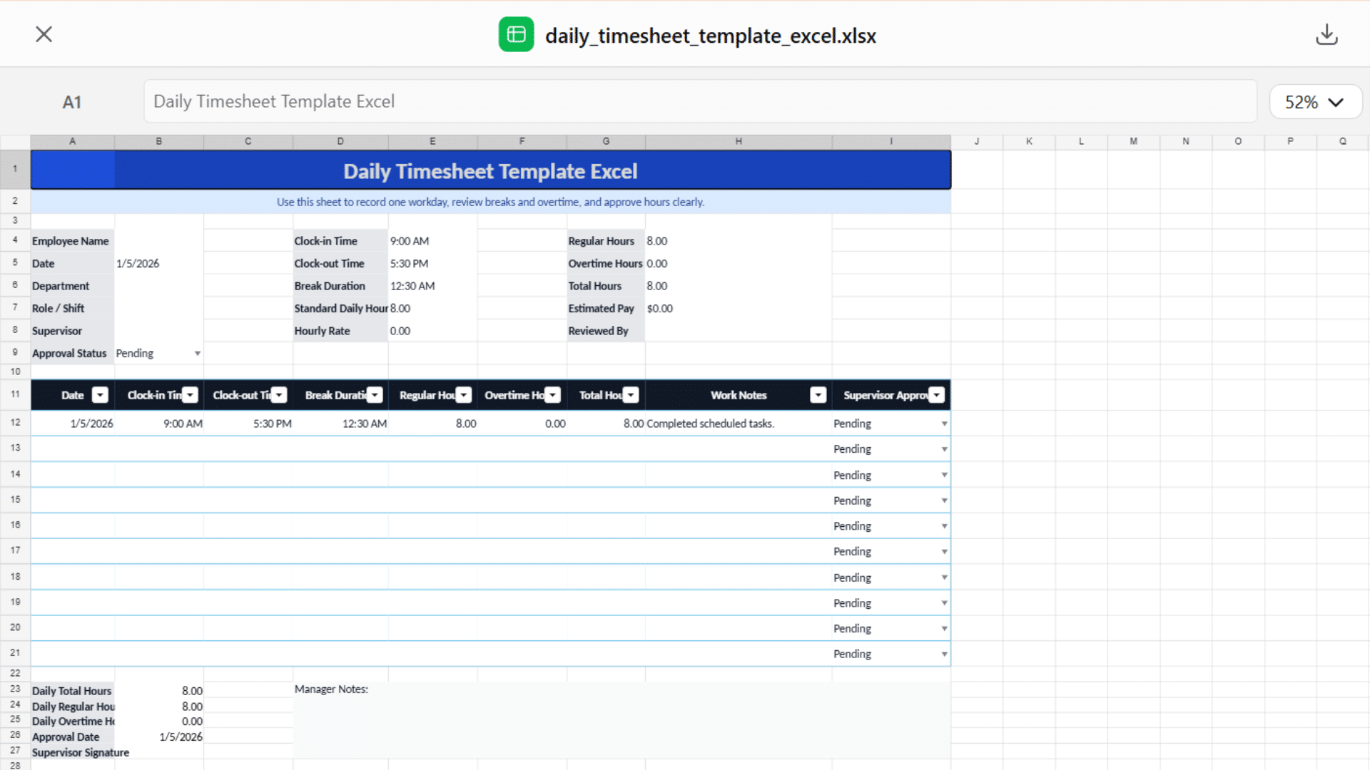 Daily timesheet template Excel with clock-in time, break duration, overtime, notes, and supervisor approval.