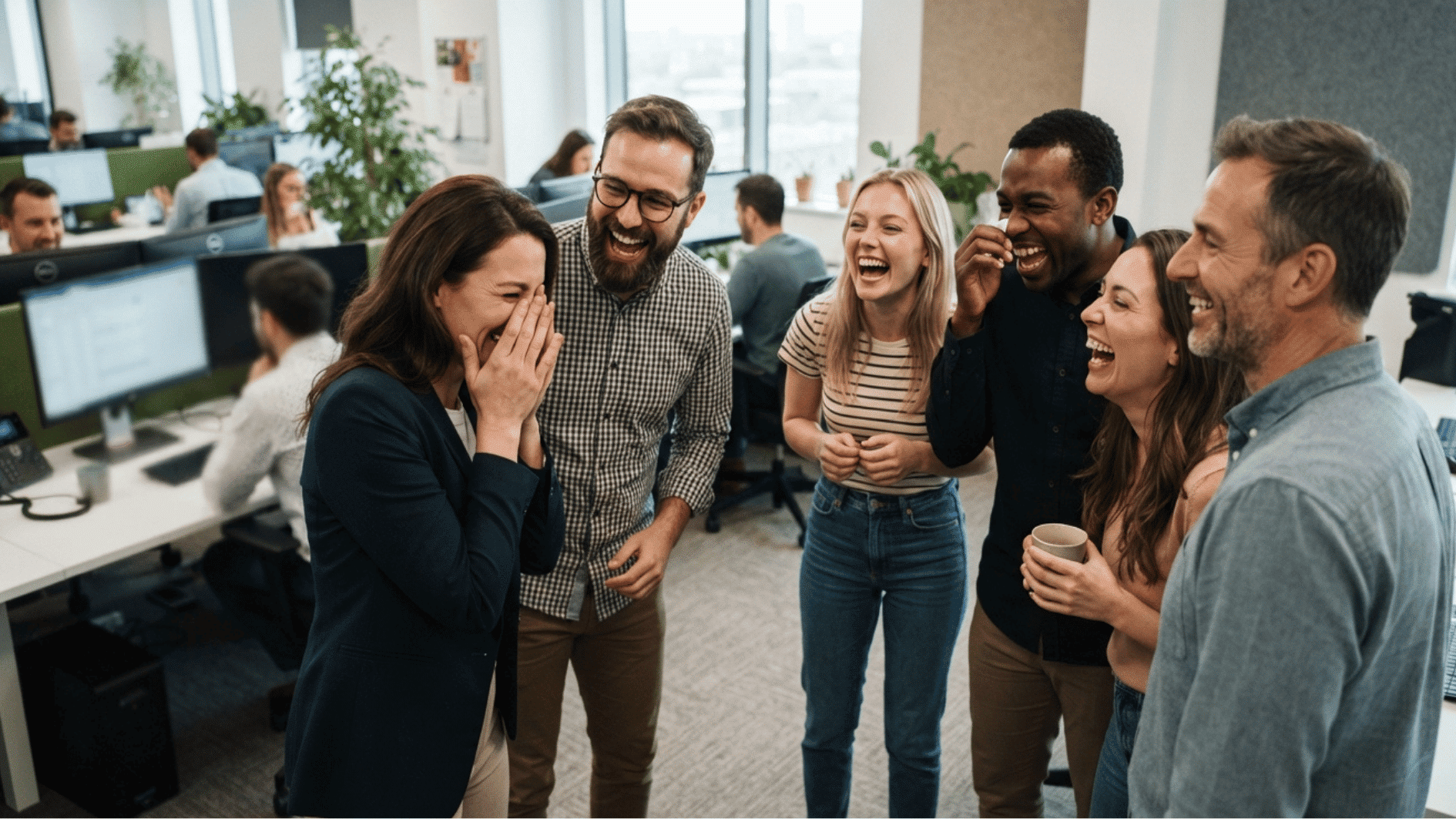 group of employees laughing together