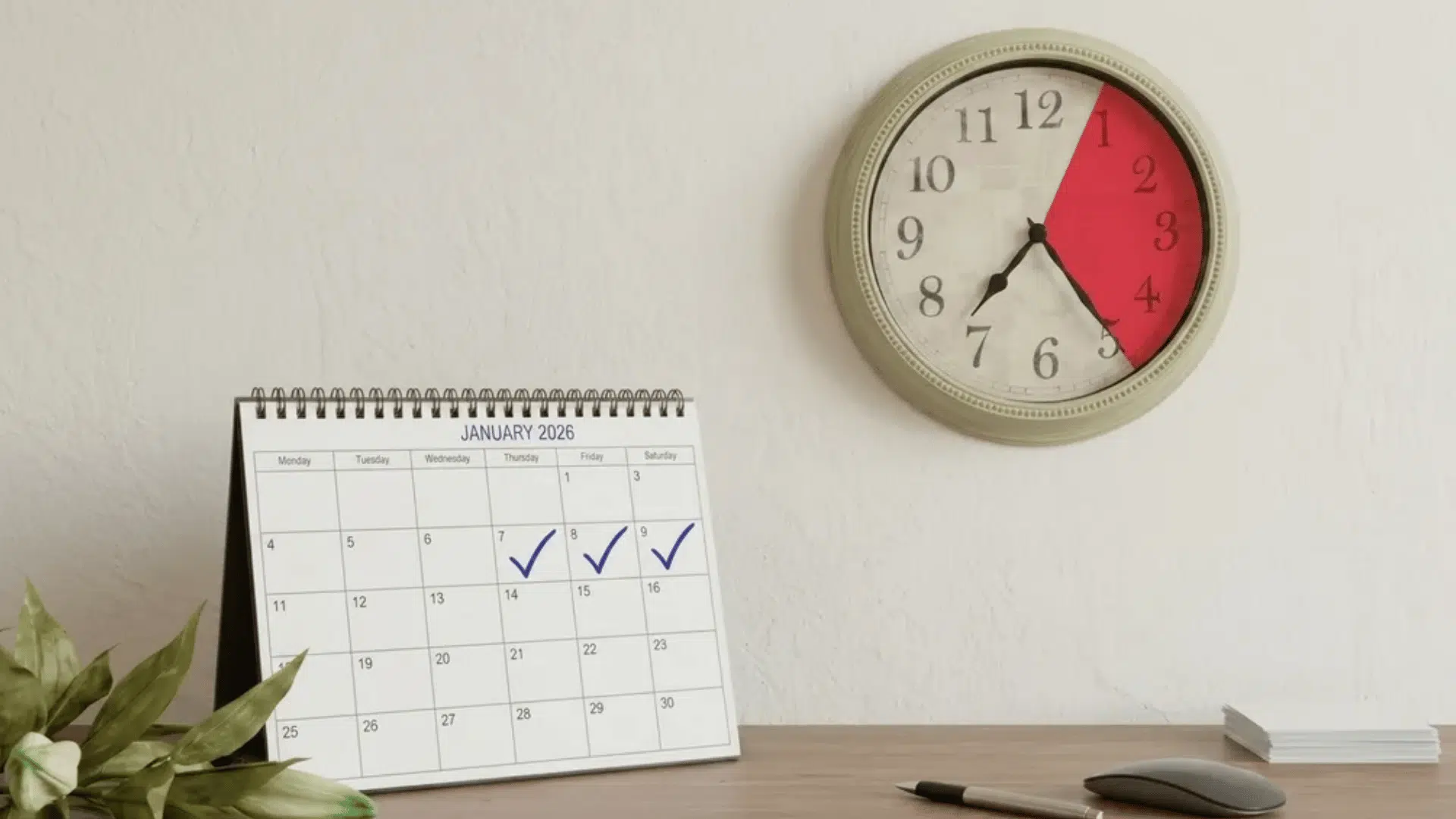 Desk calendar with checked part-time workdays beside a wall clock highlighting reduced weekly hours.