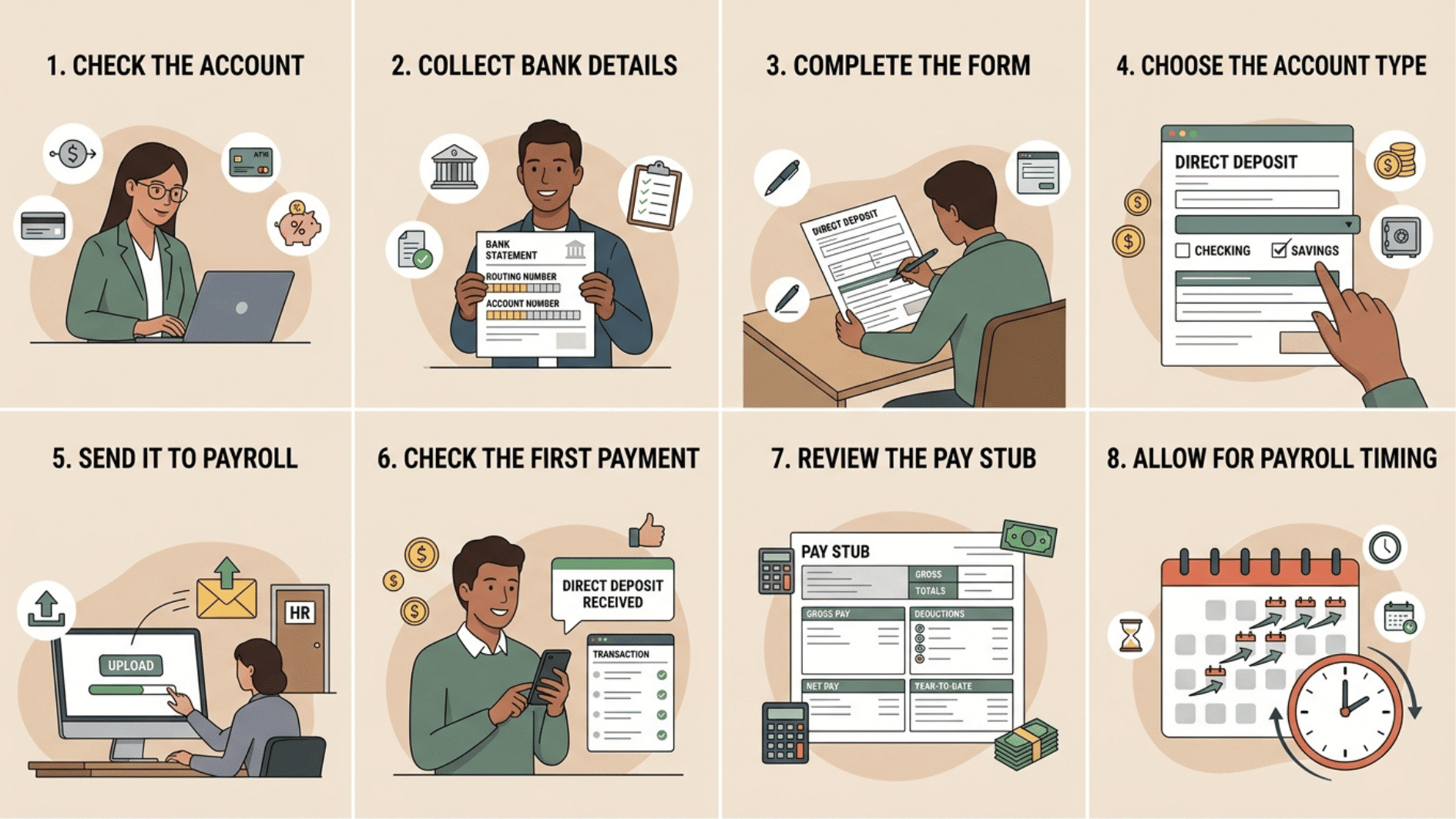 step by step illustration showing how to set up direct deposit into a savings account with payroll