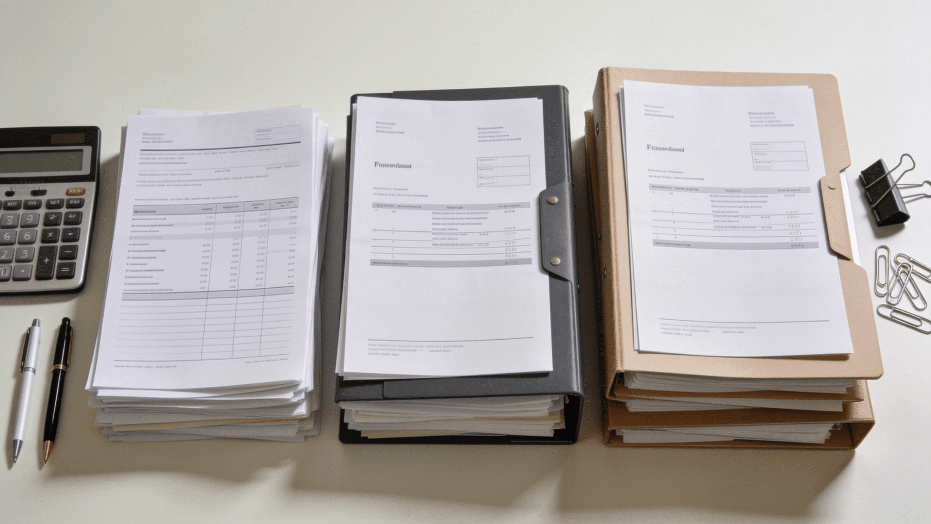 Three stacks of financial documents on a desk with a calculator placed beside them.