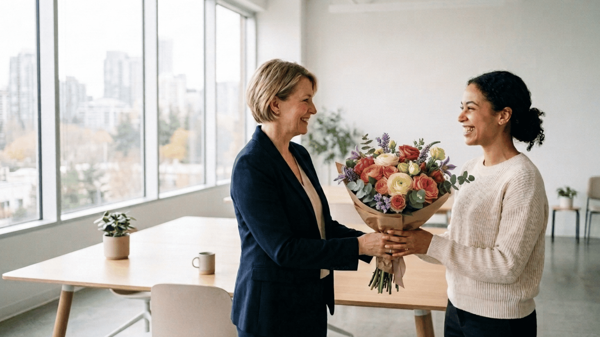 team presenting an anniversary card to an employee during a workplace celebration in a modern office