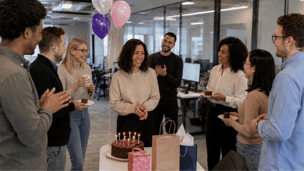 team of coworkers celebrates a colleague's birthday in a modern office, presenting gift as the employee smiles.