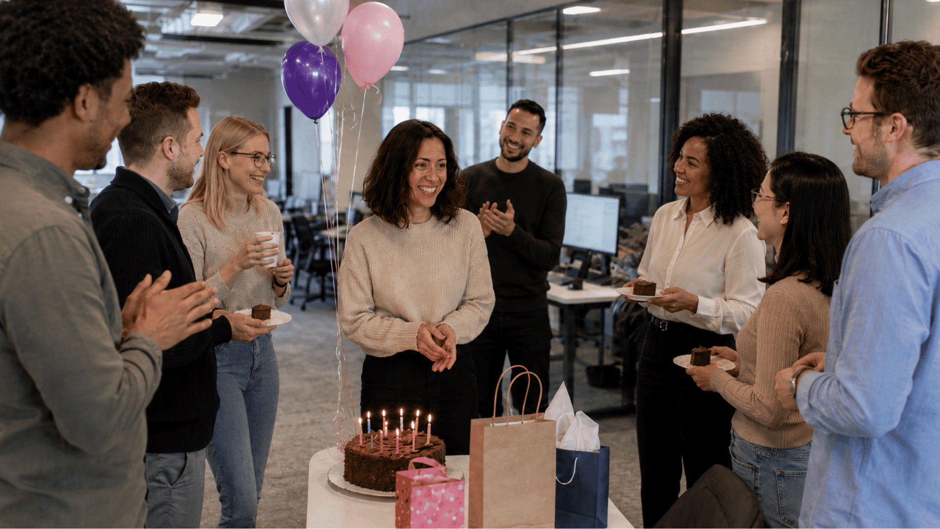 team of coworkers celebrates a colleague's birthday in a modern office, presenting gift as the employee smiles.
