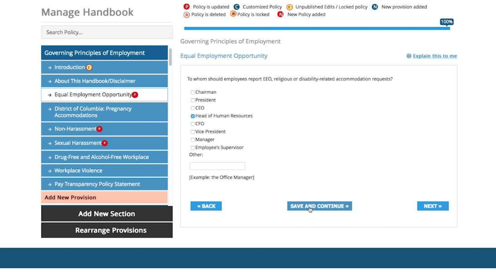 Employee handbook management interface showing Equal Employment Opportunity policy form with HR role selection and sidebar policy list.