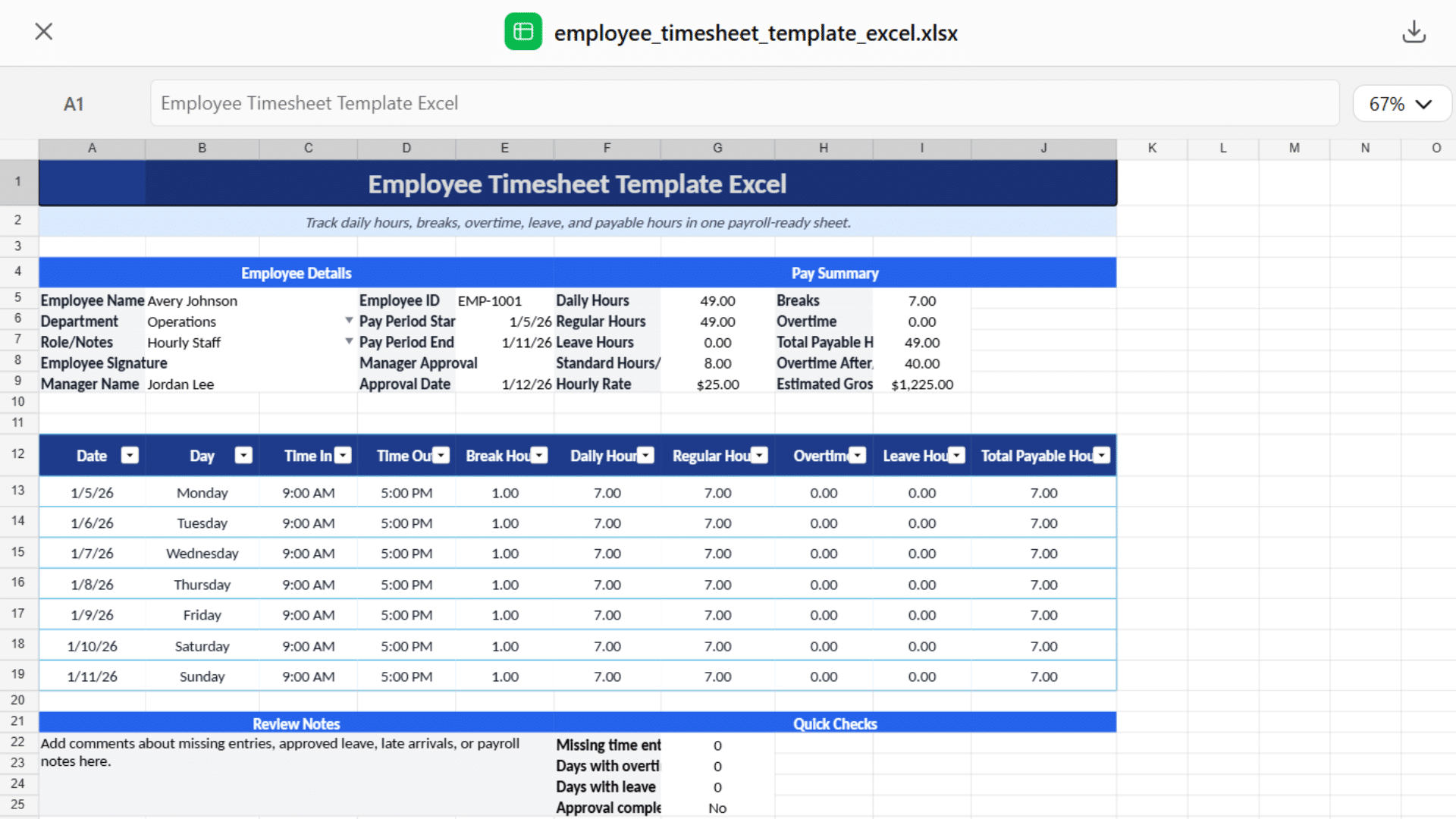 Employee timesheet template Excel showing employee details, daily hours, breaks, overtime, leave, and payroll summary in spreadsheet layout.