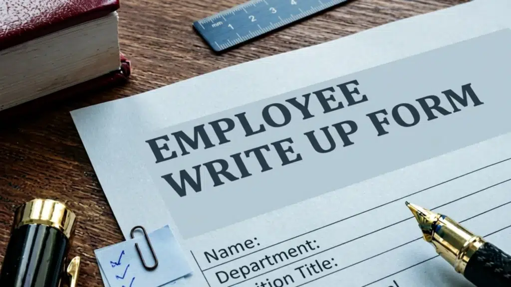 Employee write up form document on desk with pen and stationery, showing structured workplace incident reporting template.