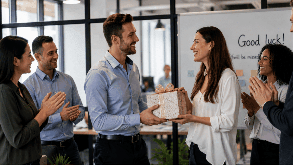 a team of coworkers celebrates a colleague's farewell in a modern office, presenting a gift and good luck card as the employee smiles beside a box of packed belongings.
