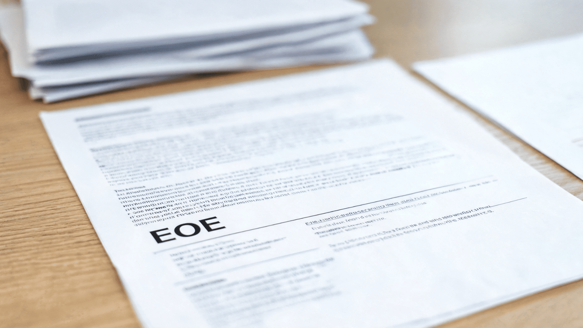 Printed document on desk with EOE visible at top of page