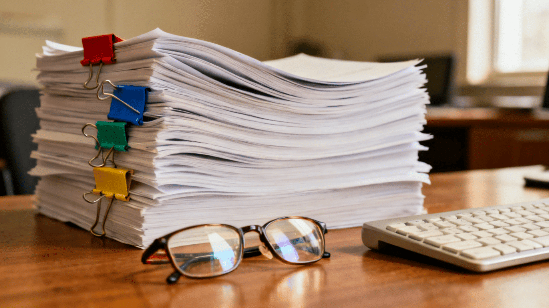 Stack of documents with colored binder clips, glasses, and keyboard on an office desk.