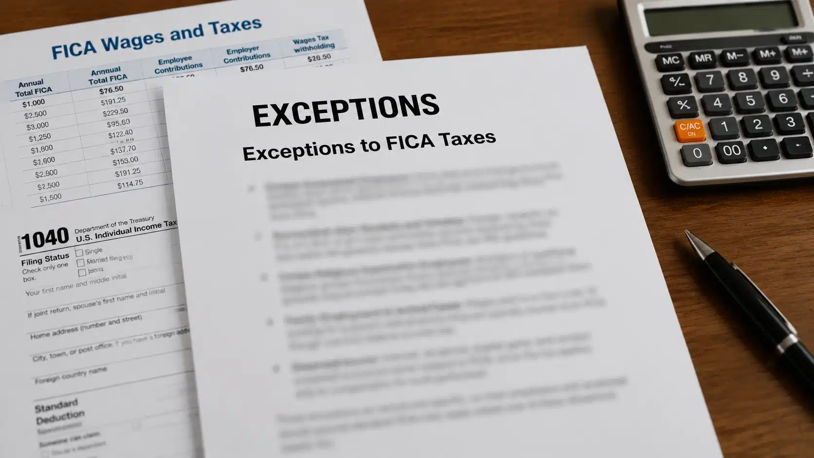 exceptions to fica taxes document showing exempt income categories and worker exemptions on paper