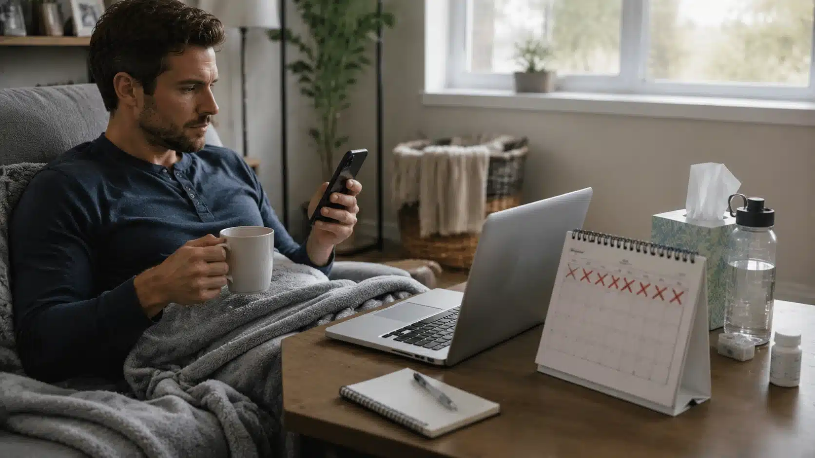 employee managing a longer sick absence with phone, calendar, and recovery items at home