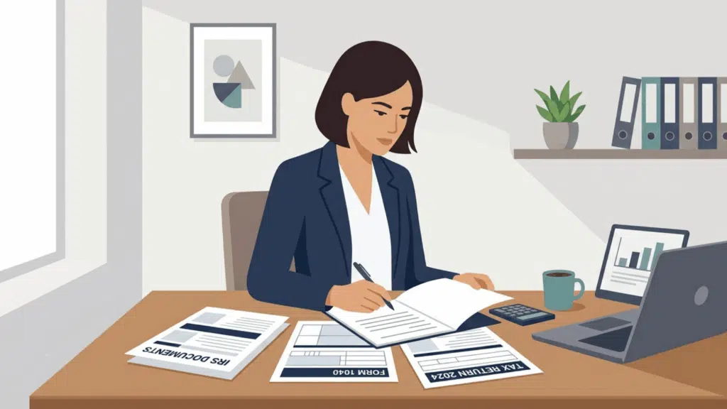 business owner reviewing tax documents and forms at a desk for fein and ein information