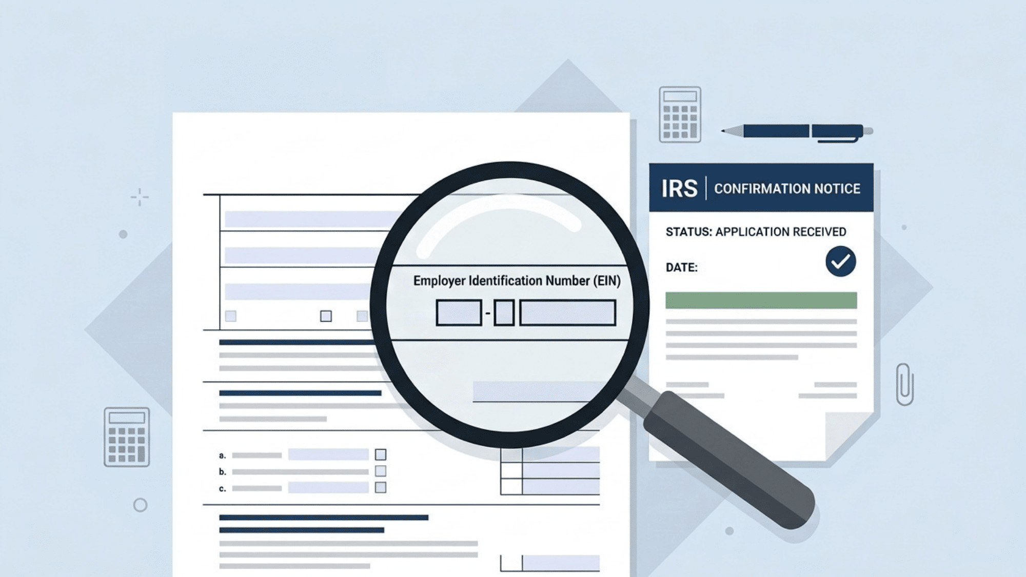 magnifying glass highlighting ein details on tax forms and irs confirmation notice