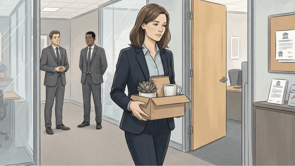 illustrated employee leaving an office after being fired while holding a box of personal belongings