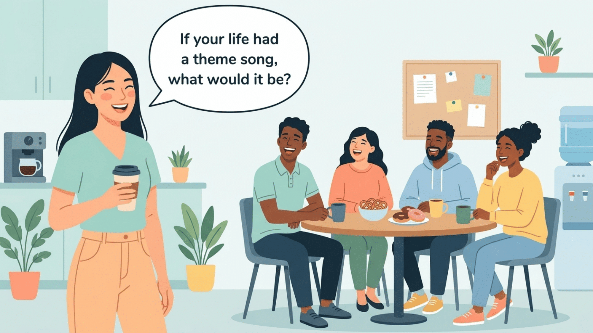 coworker asks teammates about their life theme song during a relaxed office break room conversation