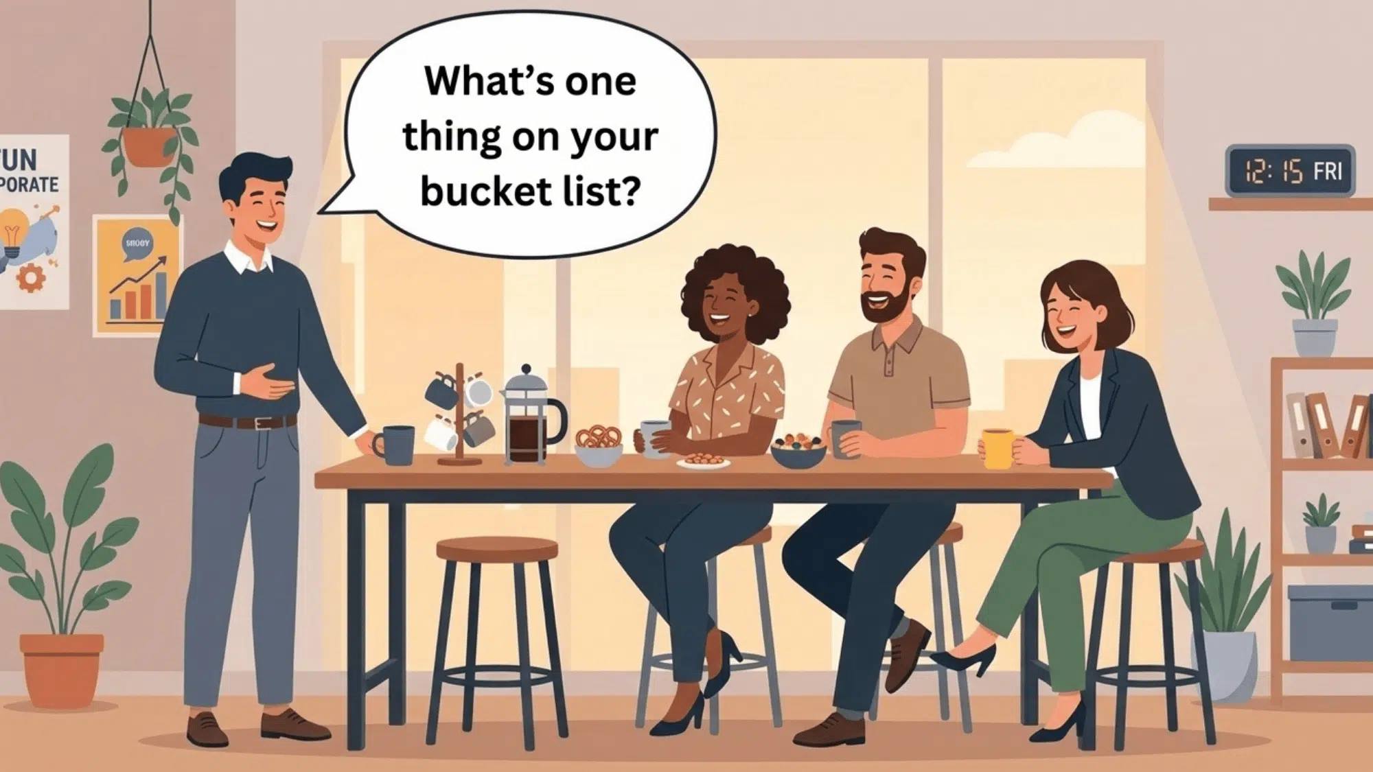 coworker asks what’s one thing on your bucket list during a fun team building coffee break with smiling colleagues