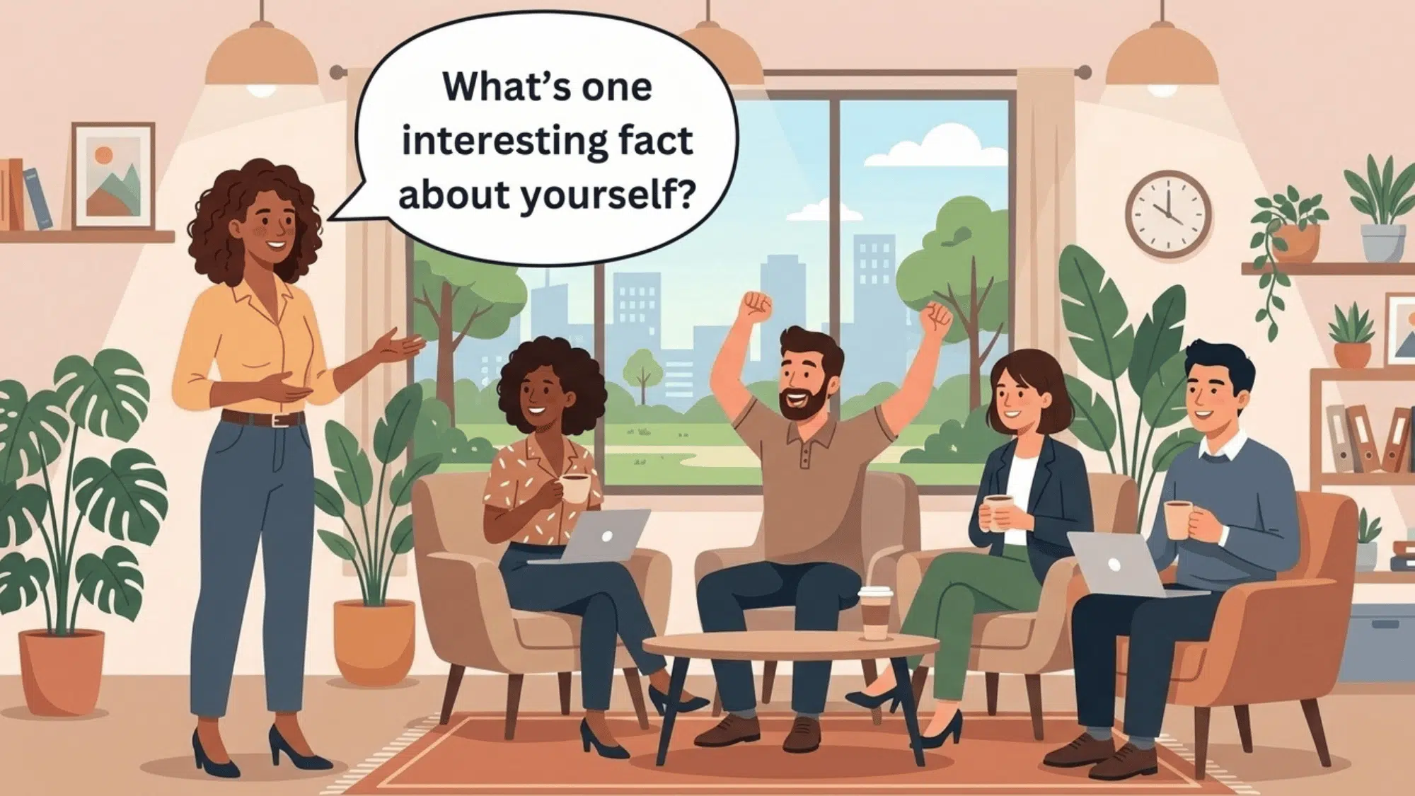 facilitator asks what’s one interesting fact about yourself during a team introduction with coworkers chatting casually