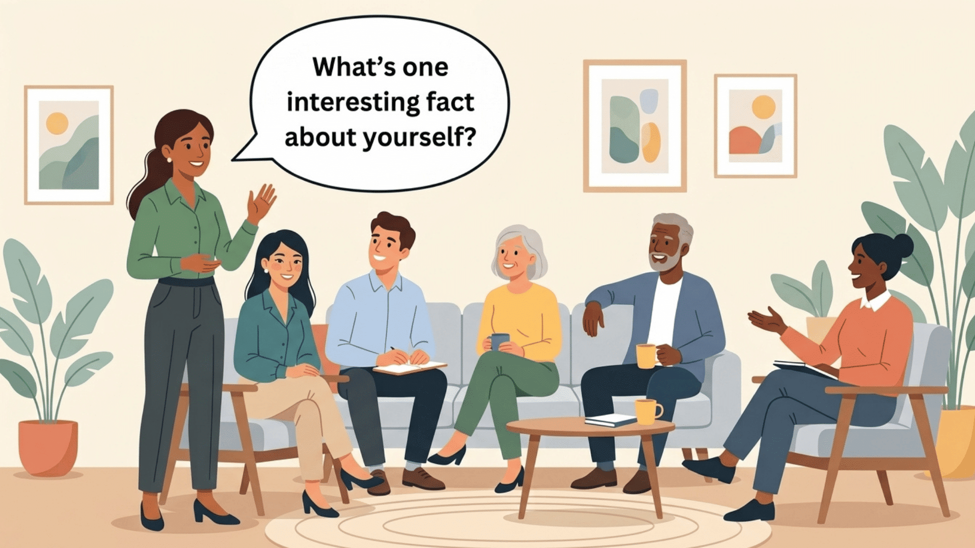 new employee asks coworkers to share an interesting fact about themselves during a friendly office introduction session