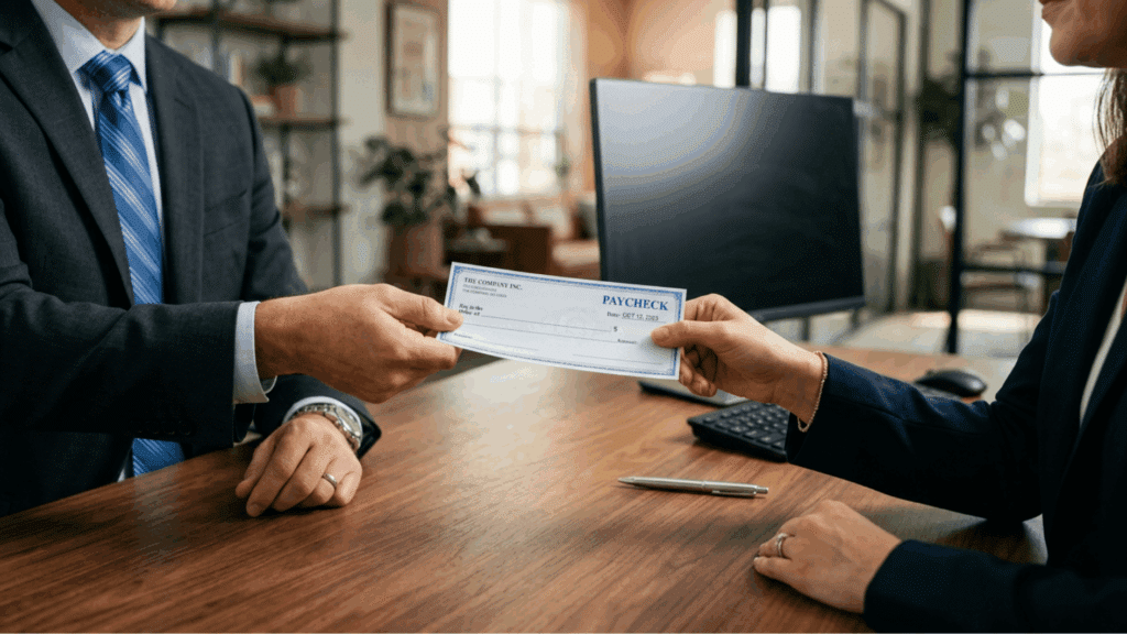 manager handing a paycheck to an employee across a wooden office desk
