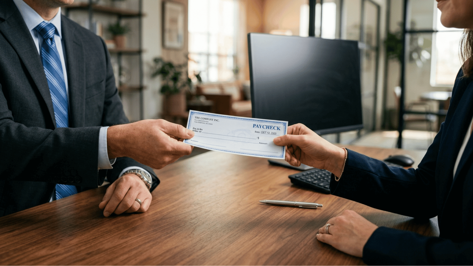 manager handing a paycheck to an employee across a wooden office desk