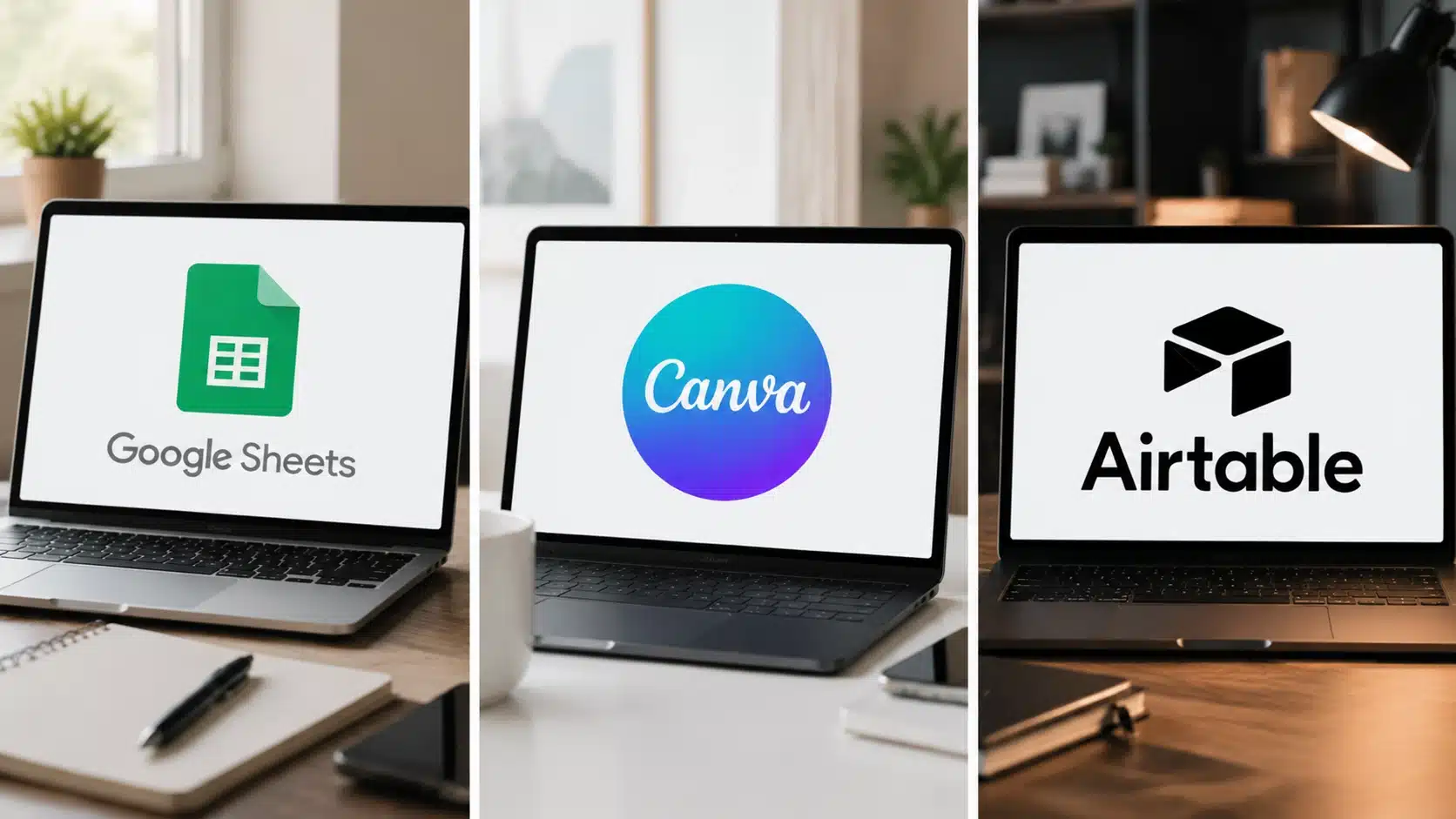 online scheduling tools like google sheets canva and airtable tools on laptop screens options for creating schedule template