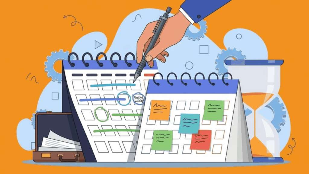 Hand-drawn calendar planning scene showing floating holiday marked on a schedule with sticky notes, pen marking dates and time management layout.