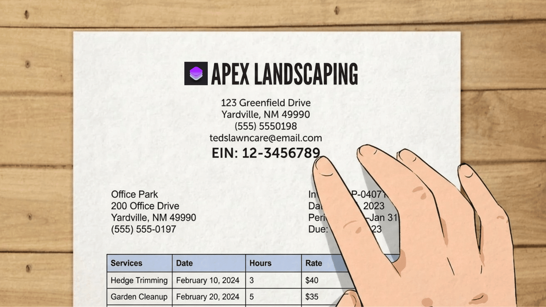 hand pointing to the employer identification number ein on a business invoice with company details