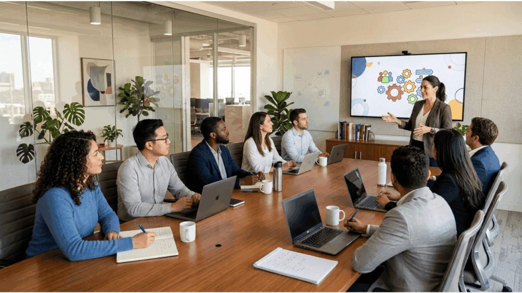 an hr manager explaining code of conducts to employers in a meeting room