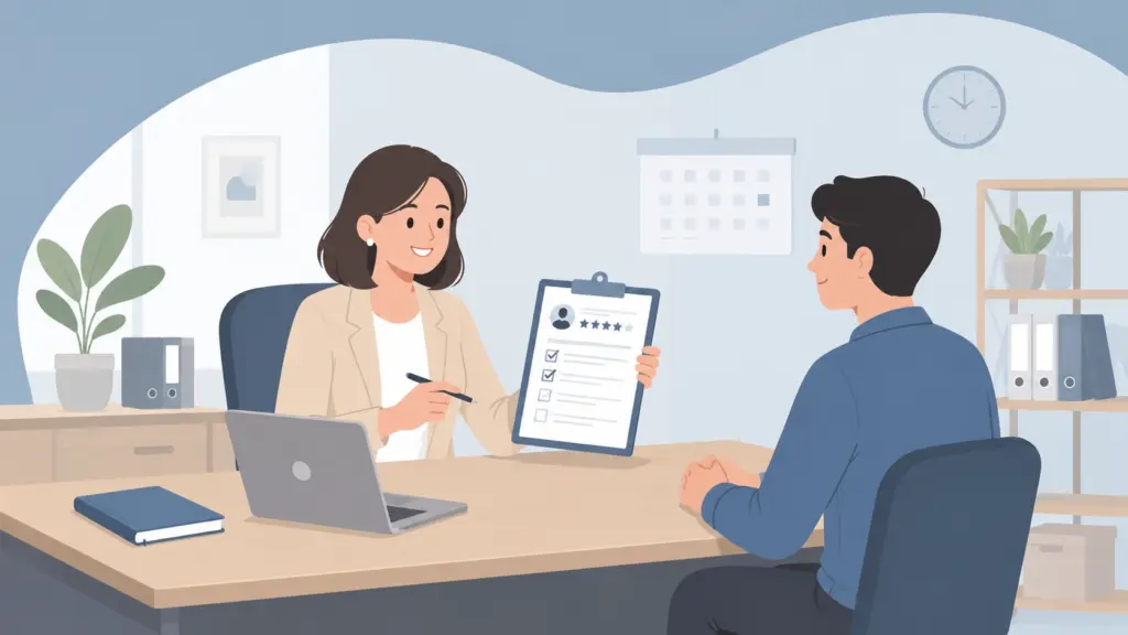 hr manager meeting a new employee during a probation review in a simple office illustration